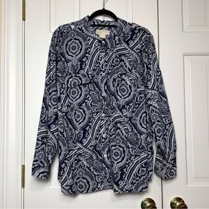 Michael Kors Navy and White Paisley Blouse Long Sleeve 100% Cotton Size 3X